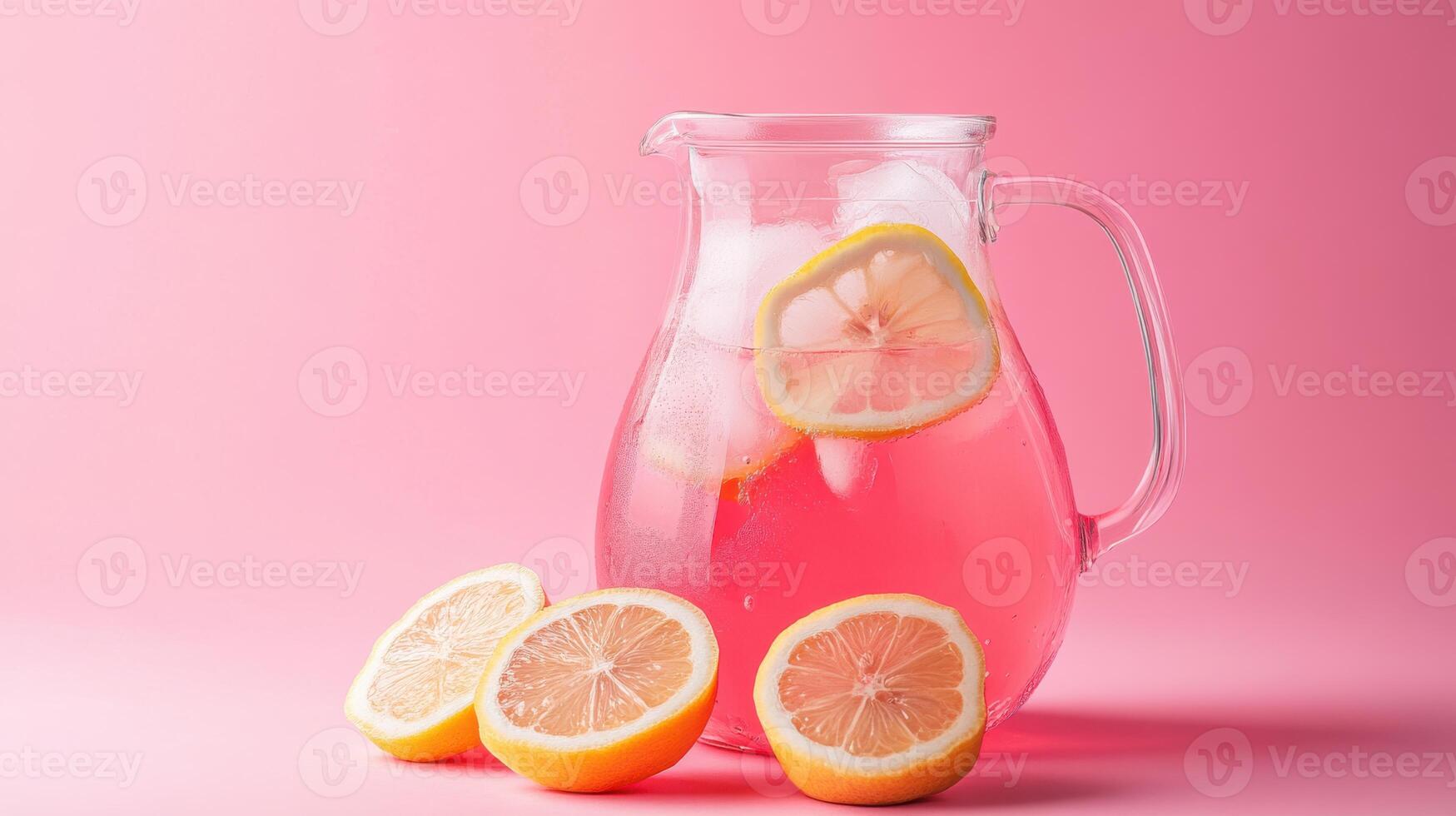 A pitcher of pink lemonade with slices of lemons photo