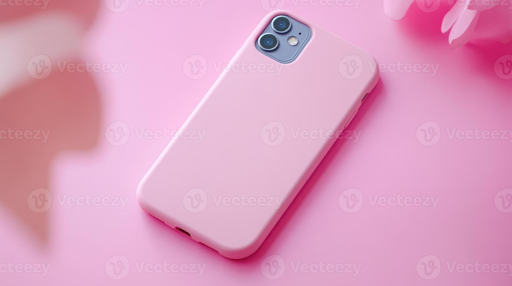 A pink iphone case laying on a pink surface photo