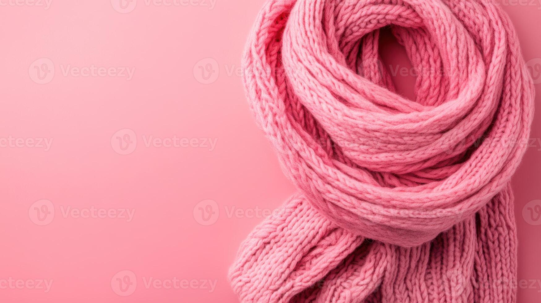 Soft pink knitted scarf draped elegantly against a pastel pink background for a cozy winter look photo