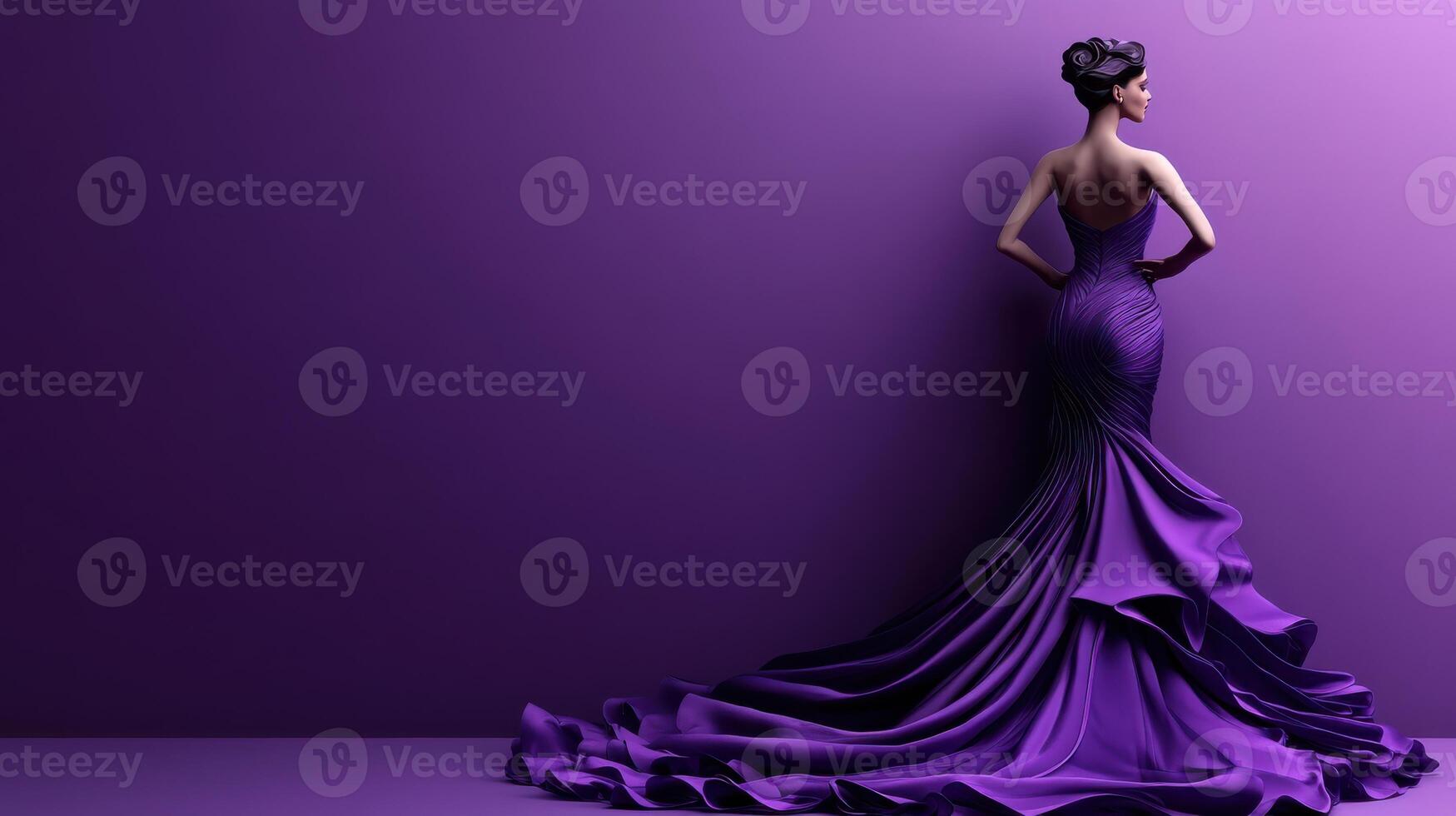Elegant fashion model wearing a stunning purple gown posed against a solid purple backdrop in a studio setting photo
