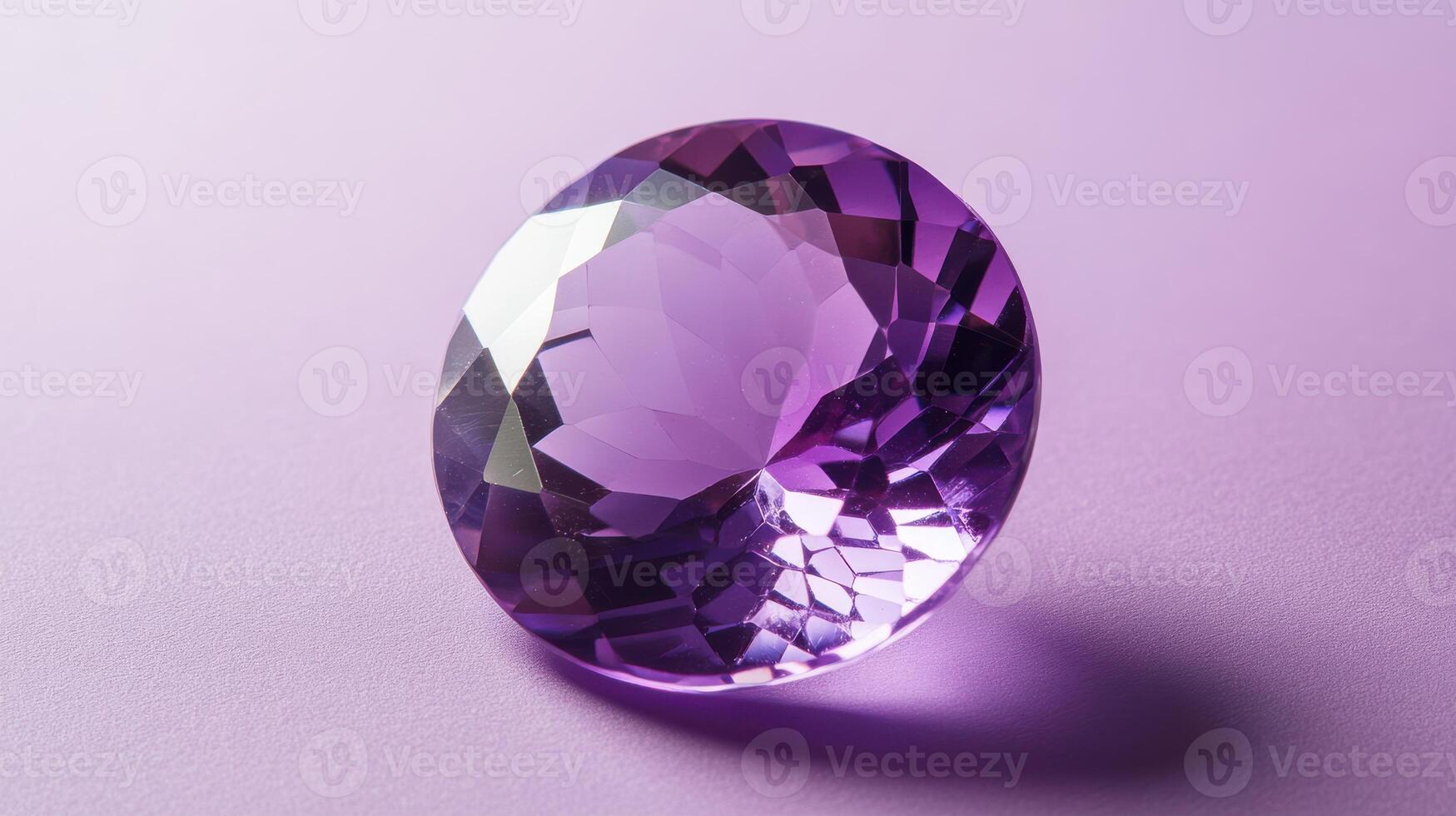 Beautiful purple gemstone glistening on a soft pastel surface showcasing its intricate facets and brilliant color photo