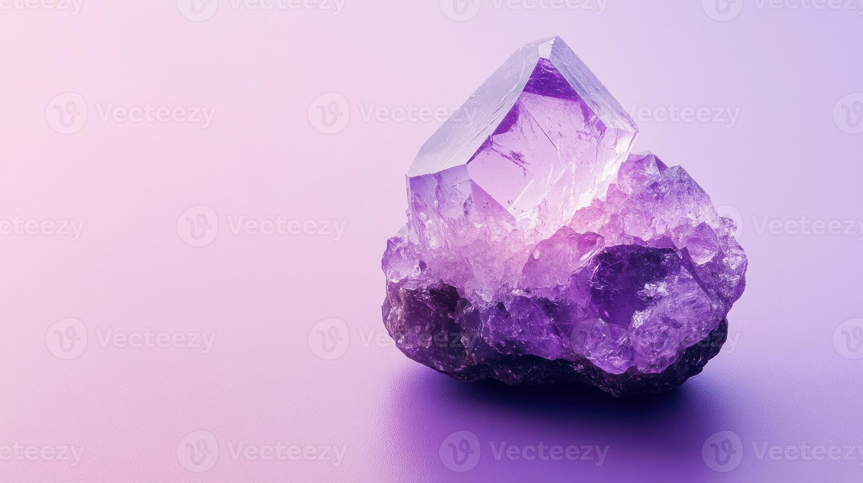 Beautiful amethyst crystal cluster with vibrant purple hues on soft gradient background photo