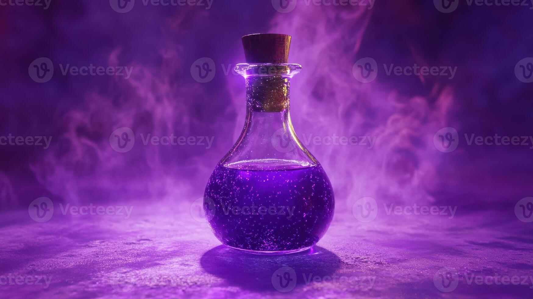 A purple liquid is in a glass bottle photo