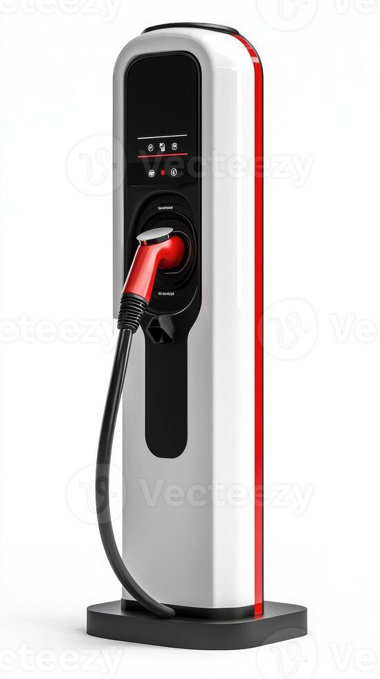 Electric vehicle charging station displaying charging status on white background photo