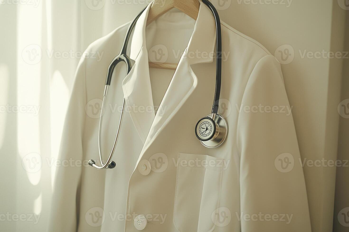 Doctor's lab coat hanging with stethoscope, healthcare symbol photo