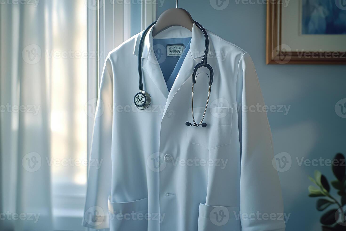 White lab coat hanging with stethoscope in doctor's office symbolizing healthcare photo