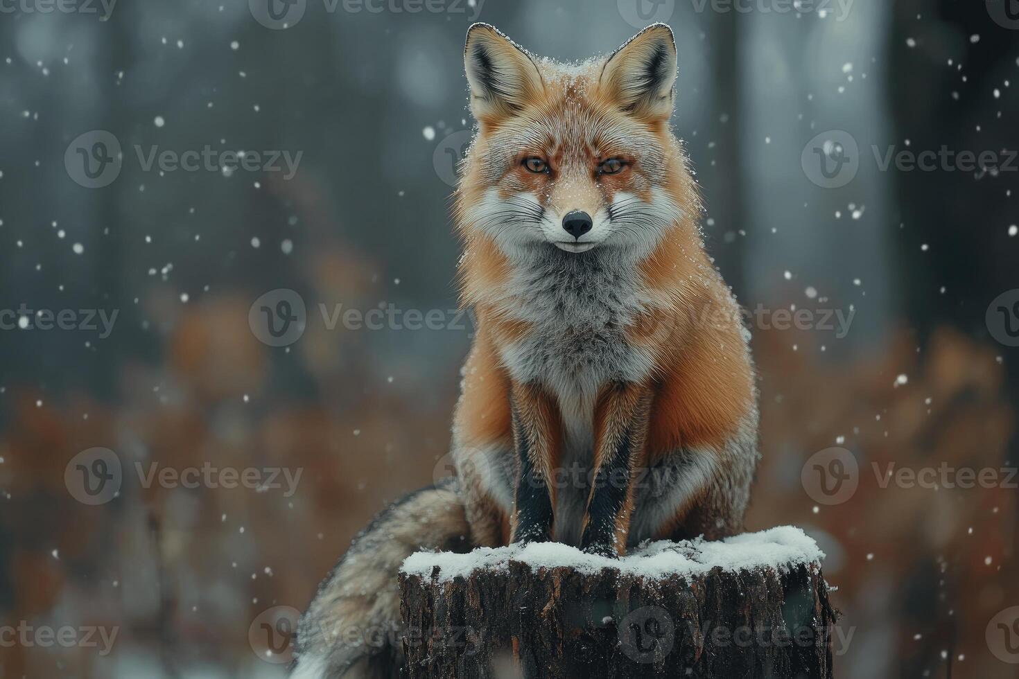 Red fox sitting on tree stump during snowfall in winter forest photo
