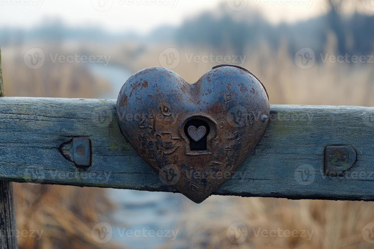 Rusty heart-shaped lock hanging on wooden railing symbolizing everlasting love photo