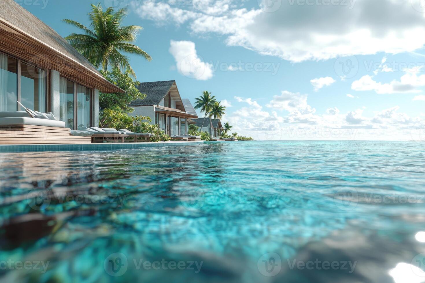 Infinity pool overlooking tranquil ocean at tropical resort photo