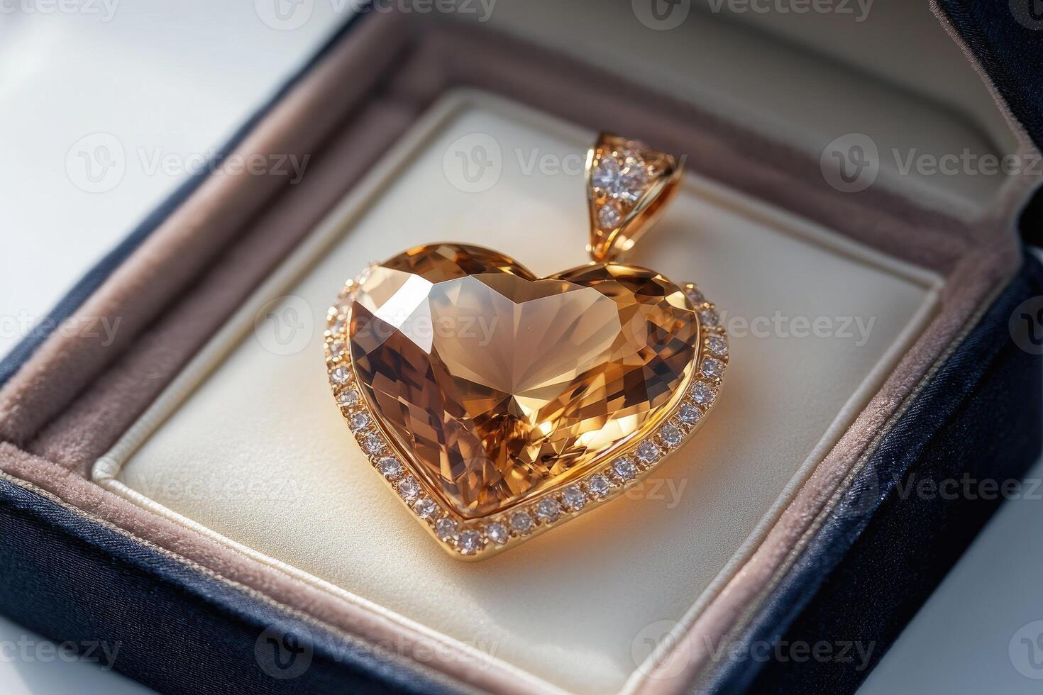 Heart shaped citrine pendant setting in gold surrounded by diamonds in a box photo