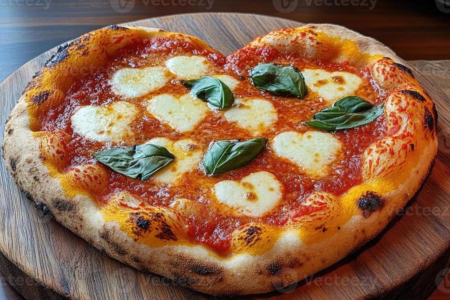 Heart-shaped pizza with heart-shaped mozzarella and basil leaves resting on wooden board photo
