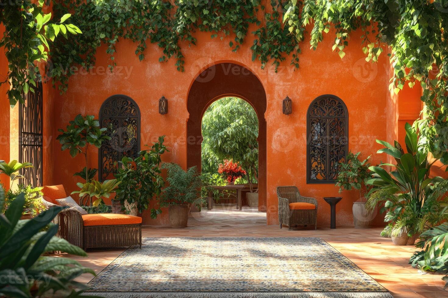 Luxurious moroccan patio with orange walls and lush greenery creating a tranquil oasis photo