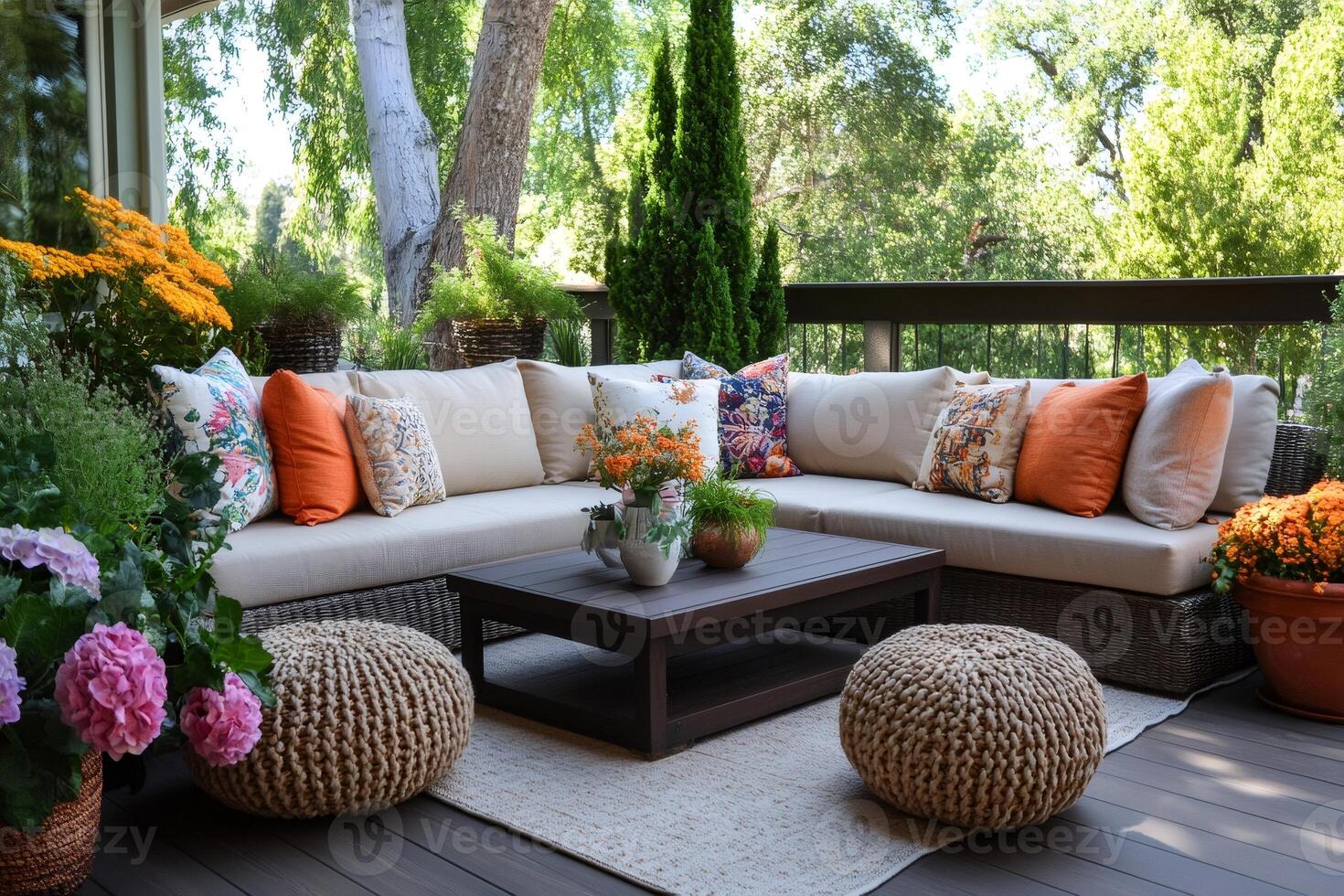 Comfortable sectional sofa with knitted ottomans adorning a relaxing patio photo