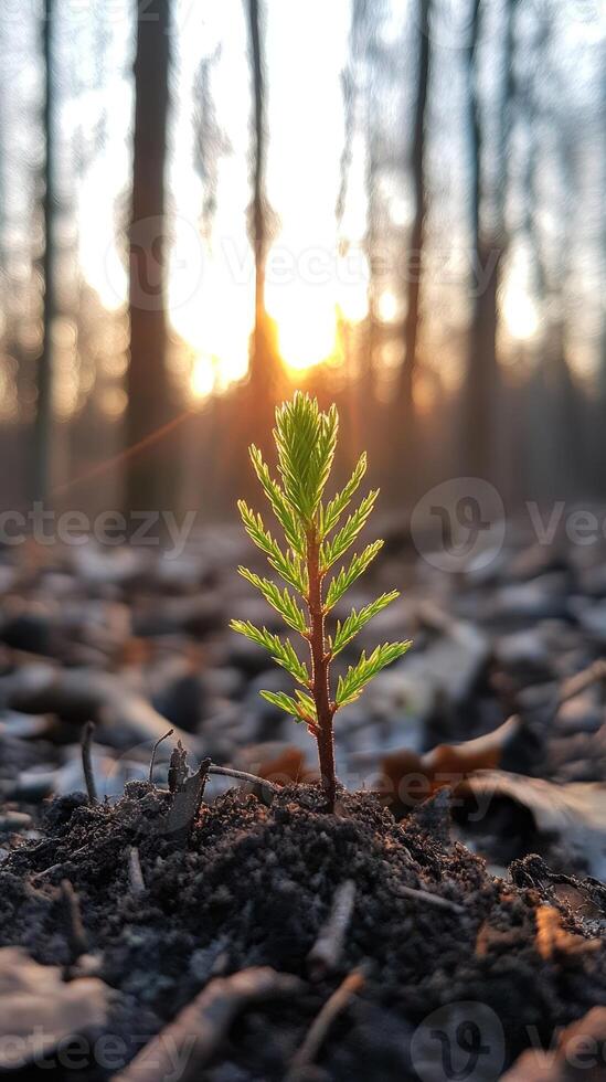 Small pine sapling growing in forest during golden hour sunset.. photo