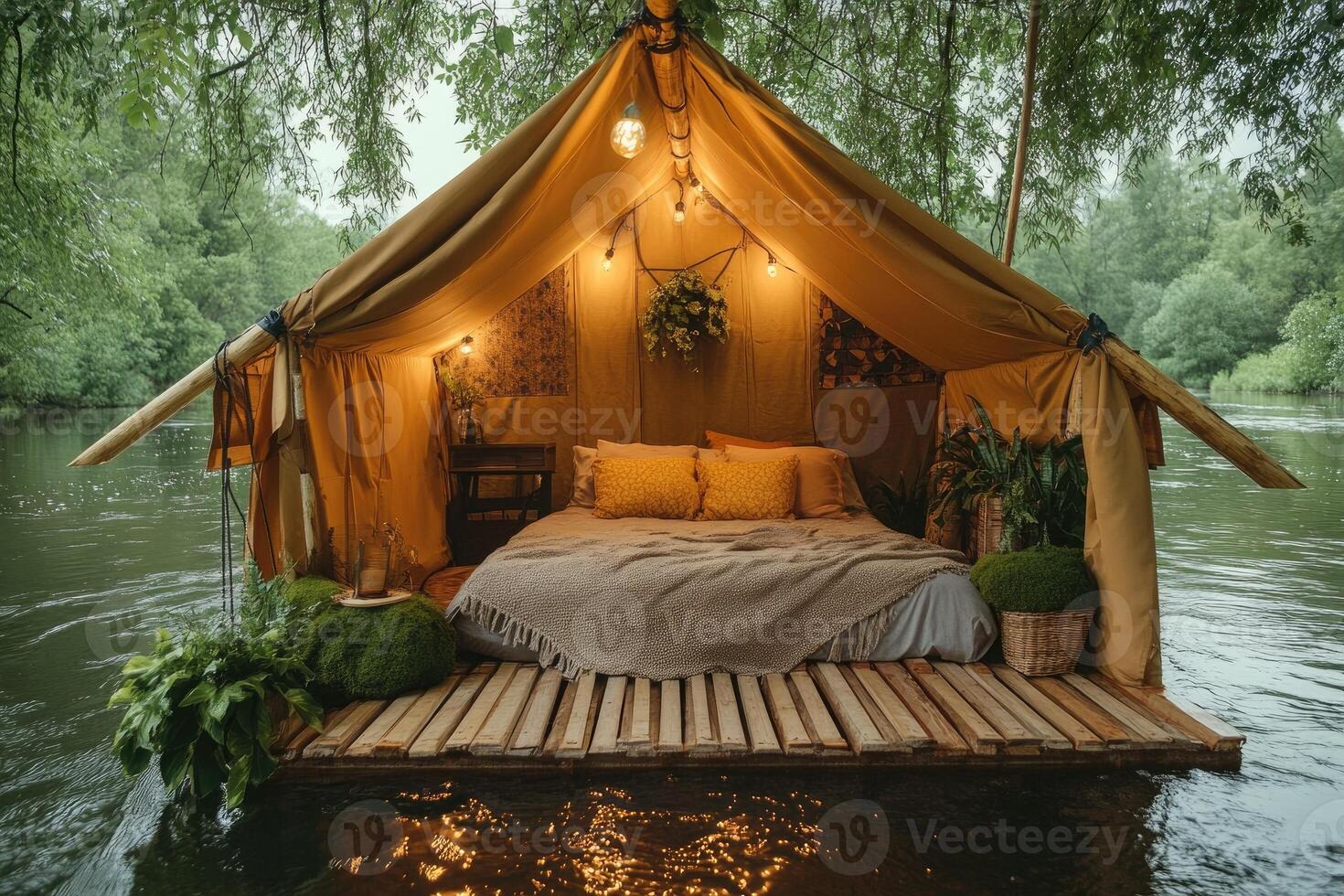 Cozy floating tent with bed and lights on river in forest during rain photo