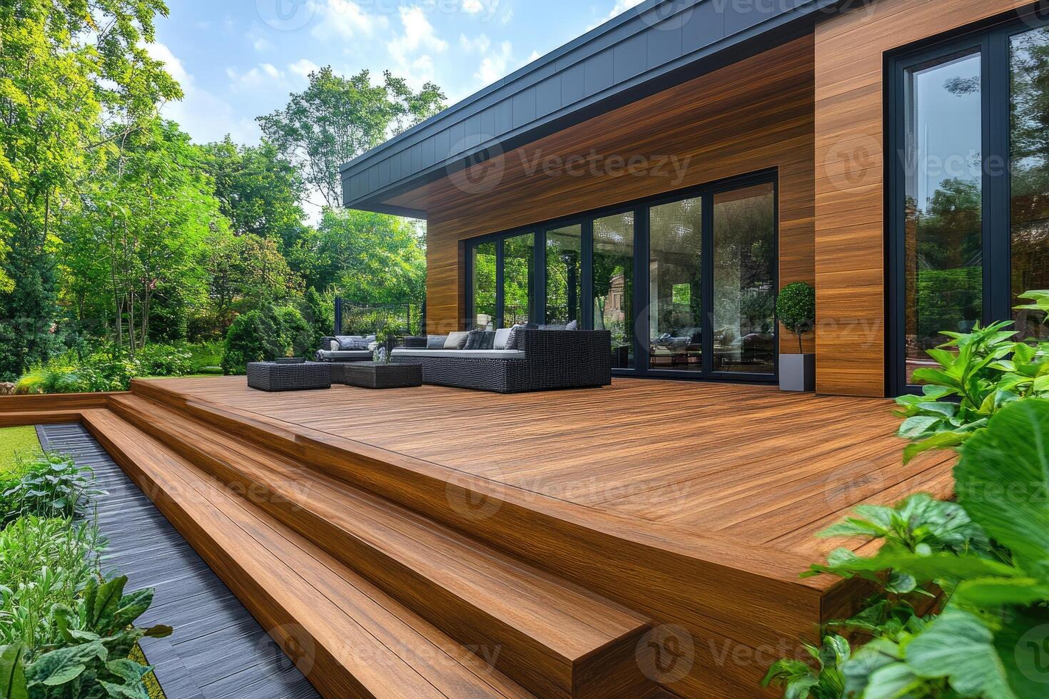 Big wooden terrace with garden furniture near modern house photo