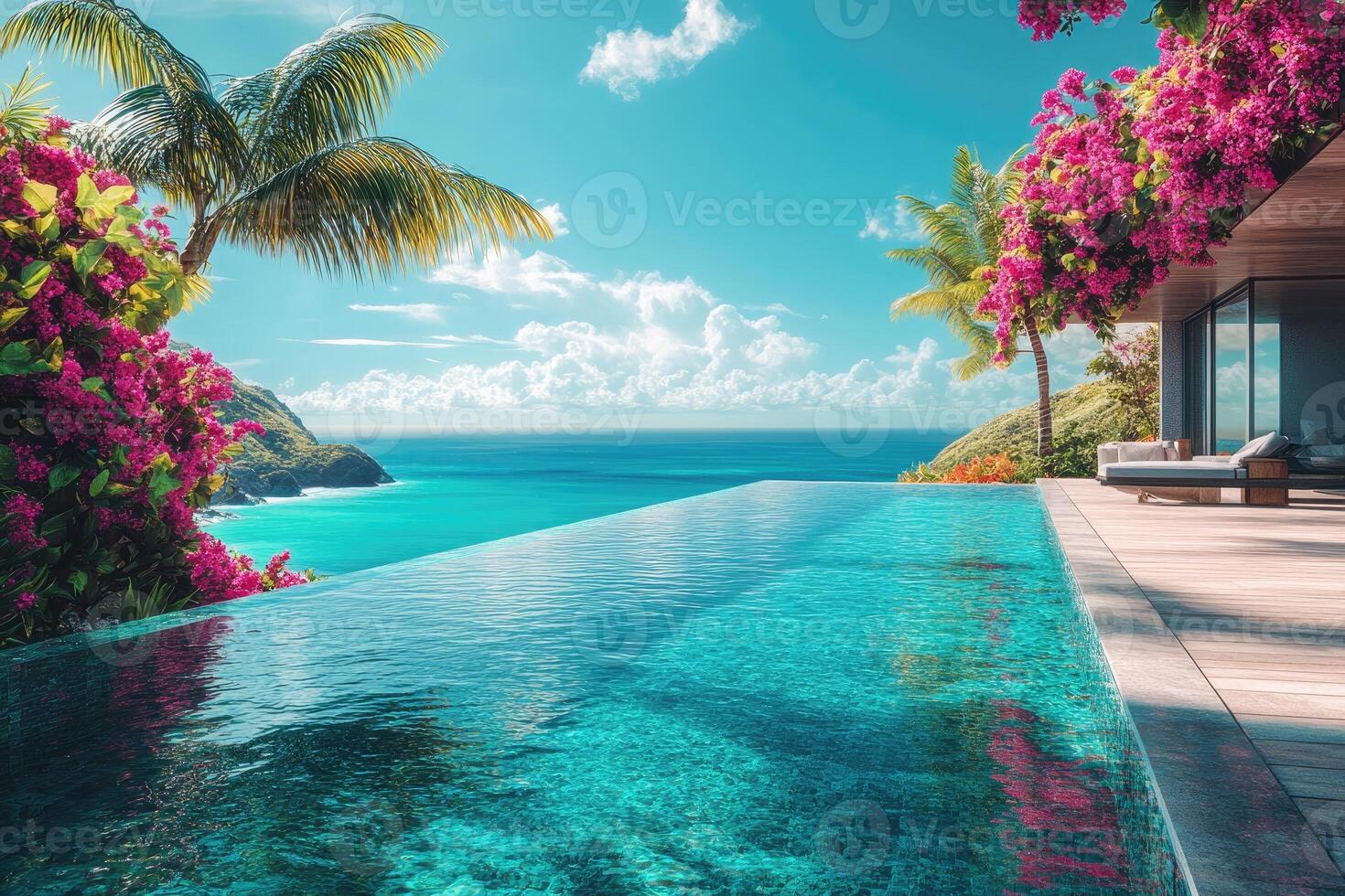 Infinity pool overlooking tropical ocean with pink flowers and palm trees photo