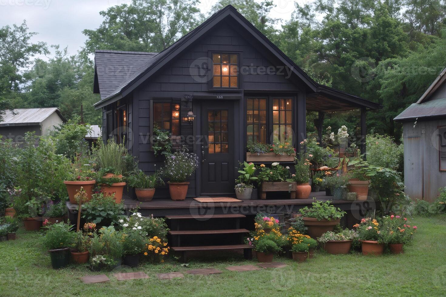 Charming black tiny house with blooming flower garden at dusk photo