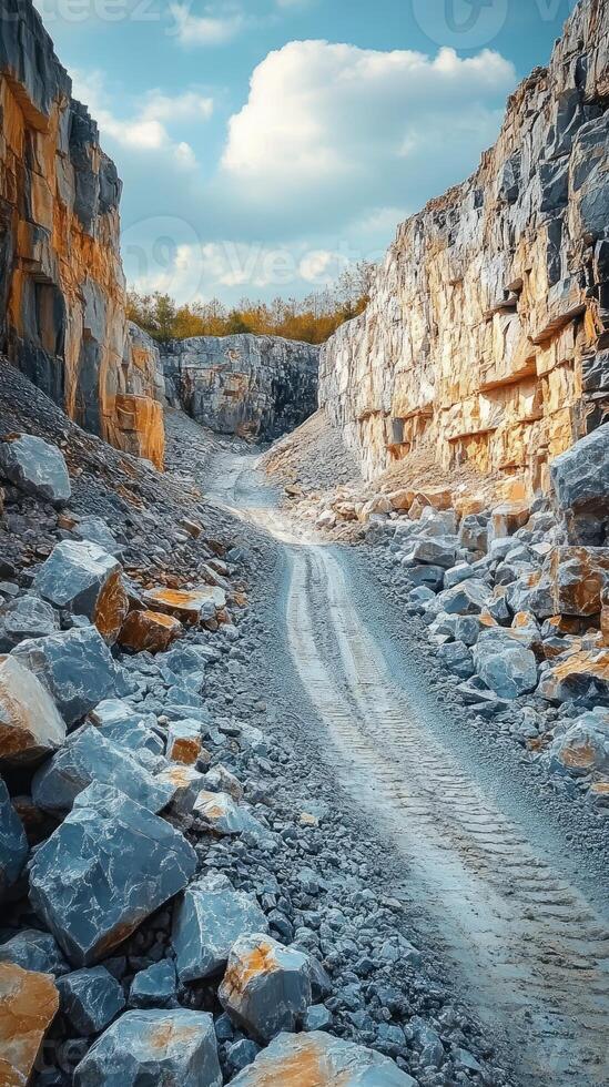 Mining quarry road leading through rocky landscape on sunny day photo