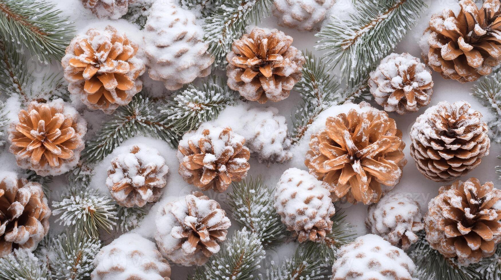Christmas background with snowy pine cones and fir branches creating festive atmosphere photo