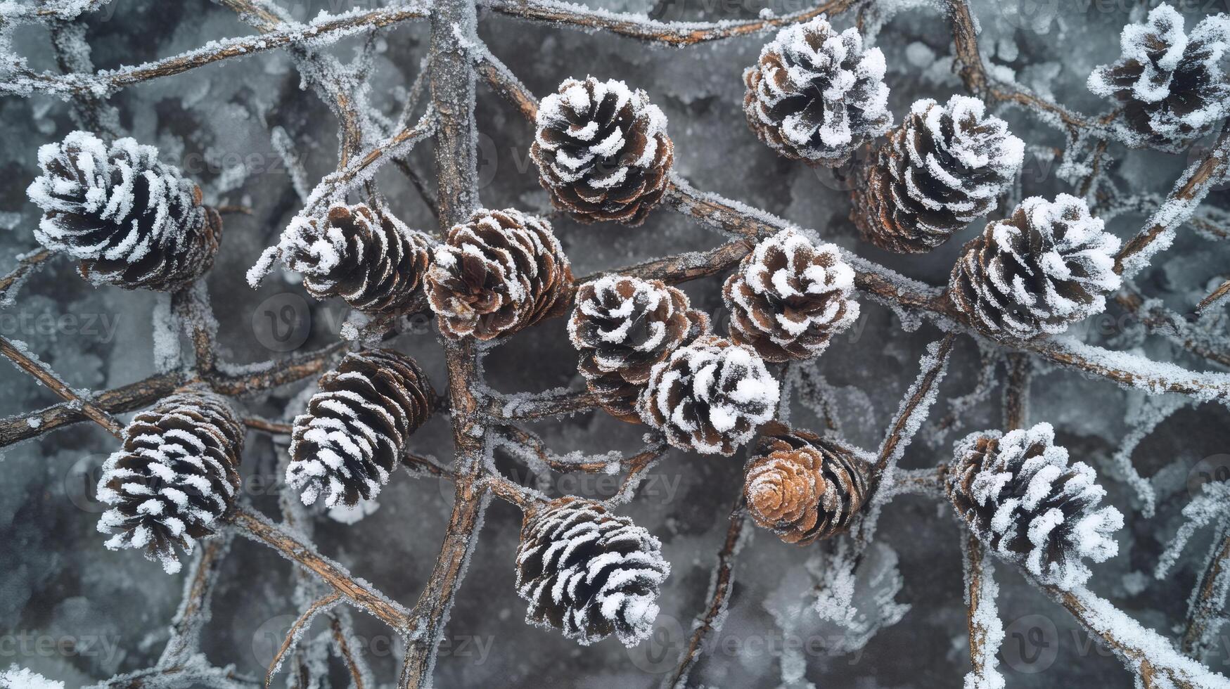 Frozen pine cones resting on frost-covered branches in winter wonderland photo