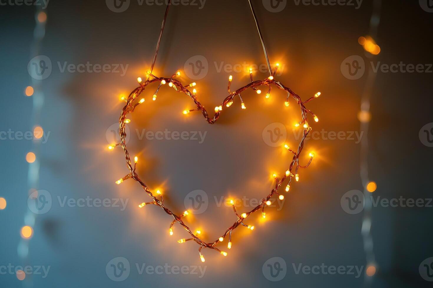Heart shaped string lights glowing on a gray wall photo