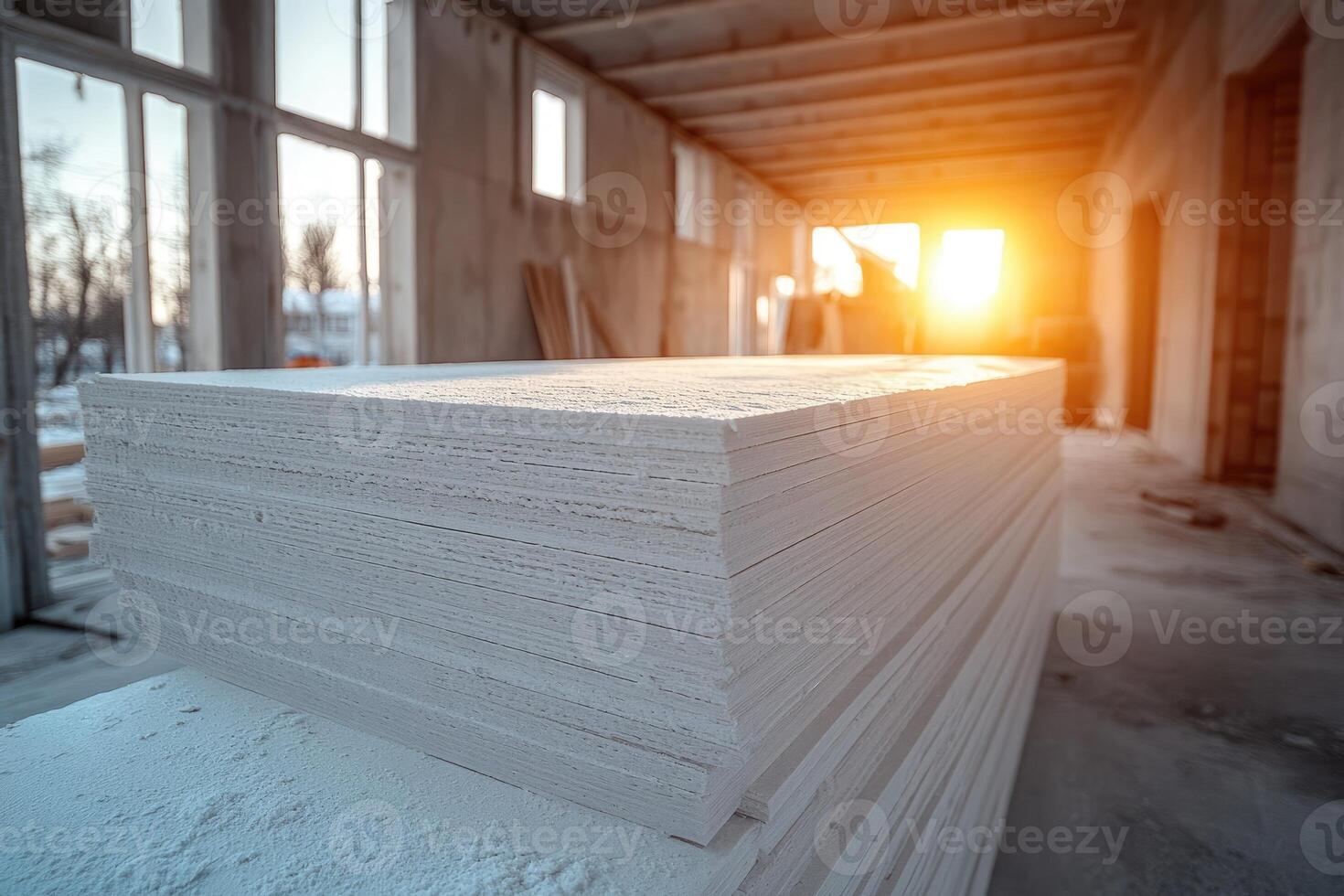 Sheets of drywall are lying on the floor in a room of a house during renovation photo