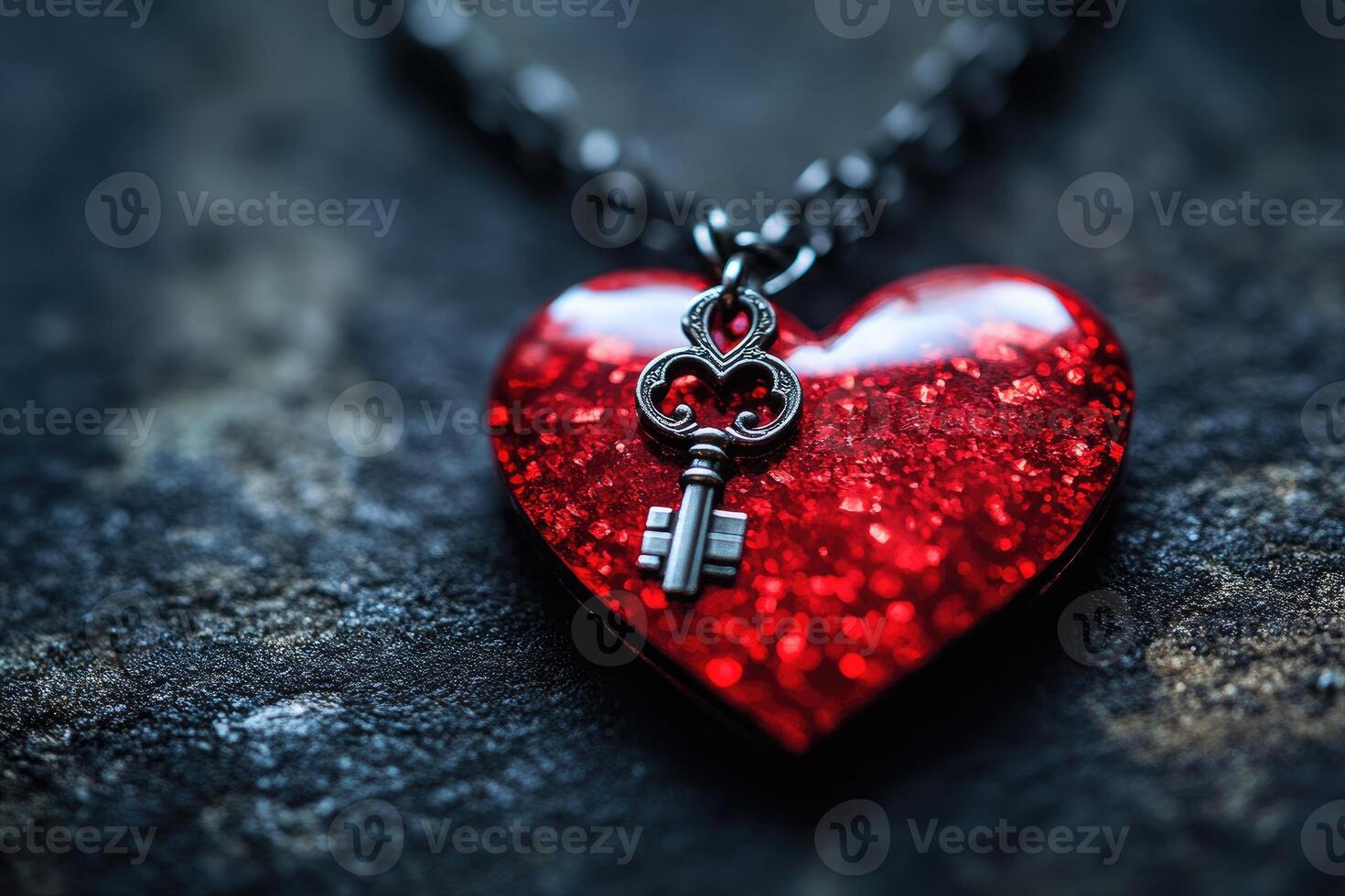 Red glittering heart-shaped pendant with key representing love and romance photo