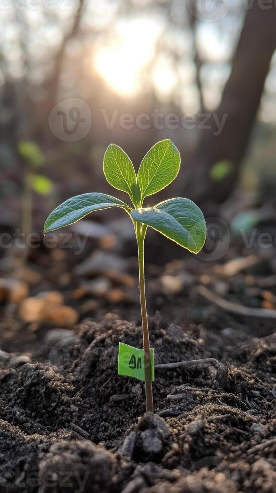 New seedling growing in fertile soil at sunset photo