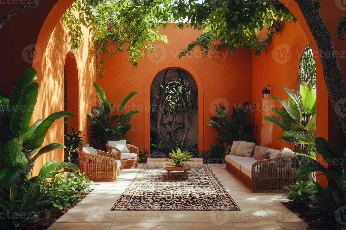 Luxurious moroccan patio with orange walls and lush greenery. creating a tranquil oasis photo