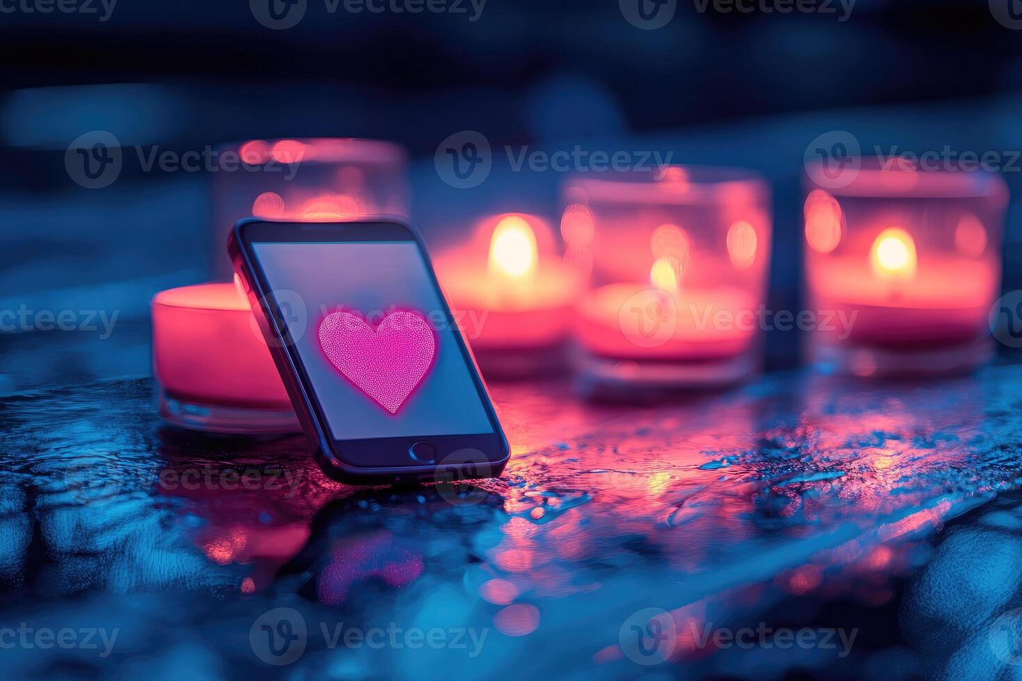 Smartphone showing heart symbol is lying on wet surface with candles in background photo