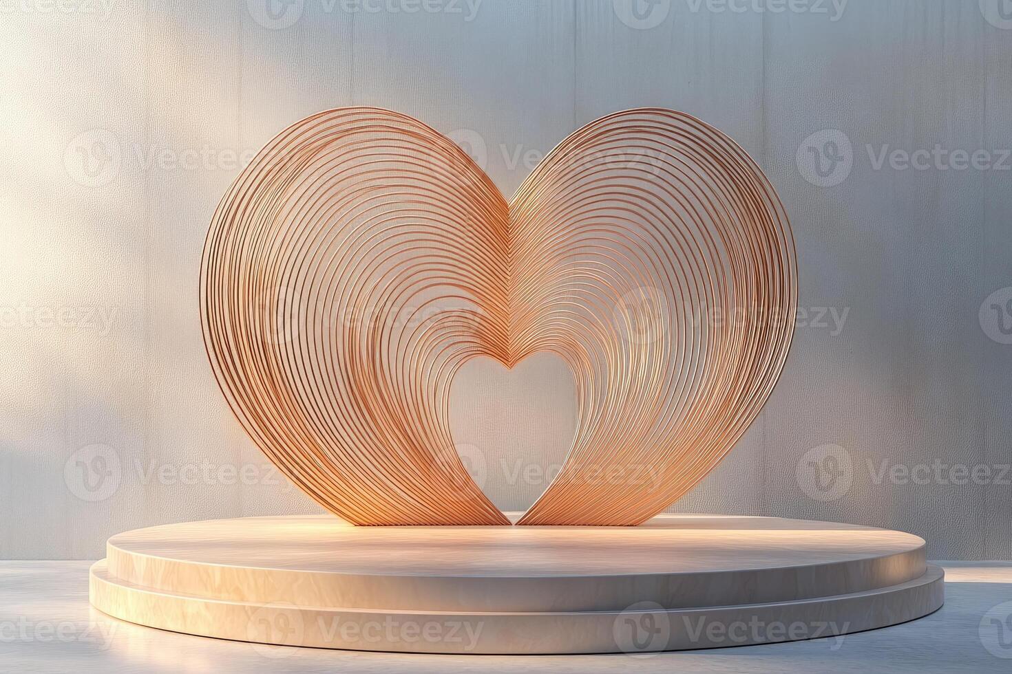 Heart shaped sculpture stands on round wooden podium for valentine's day gift ideas photo