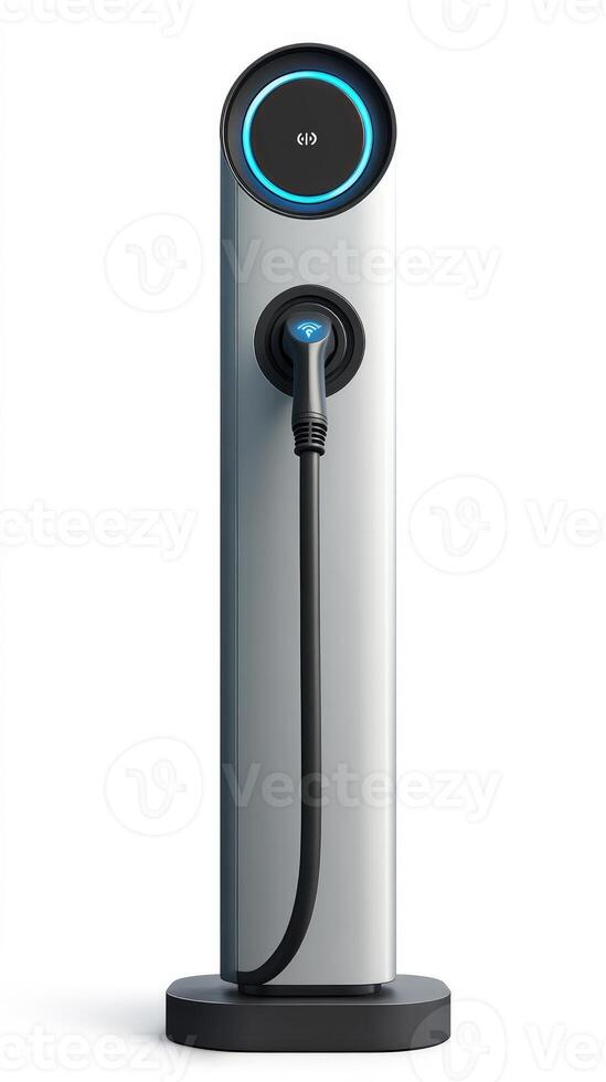 Electric vehicle charger showing power supply connected, on white background photo