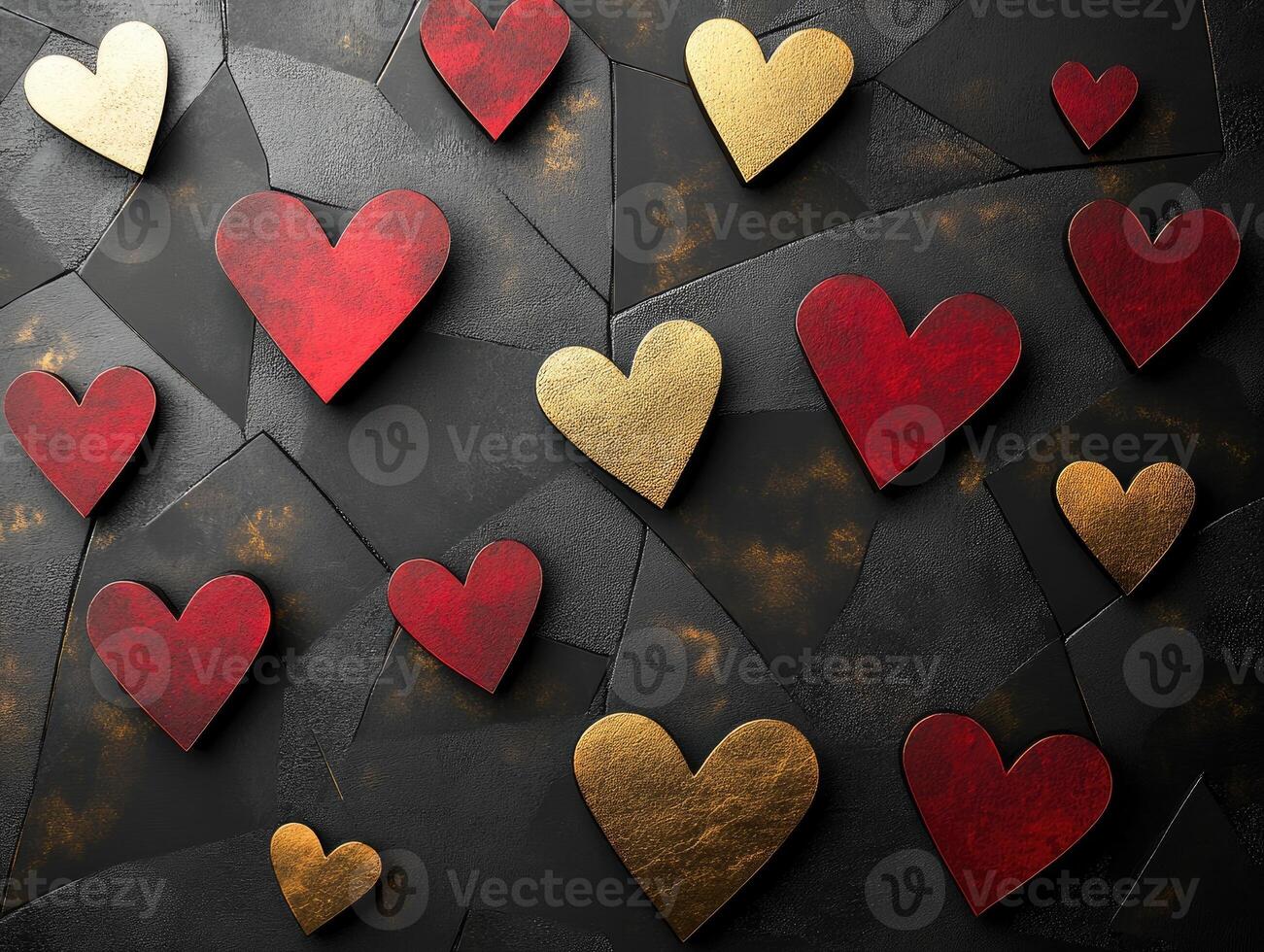 Red and gold hearts creating a romantic pattern on black background photo