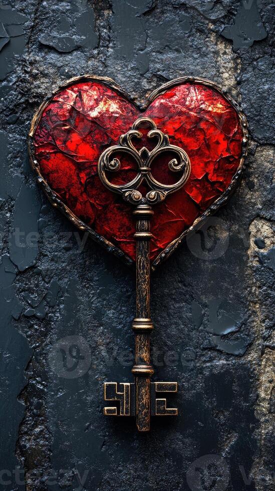Antique key unlocking red heart on dark background symbolizing love and romance photo