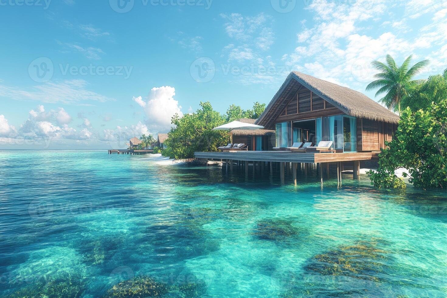 Infinity pool overlooking tranquil ocean at tropical resort. photo