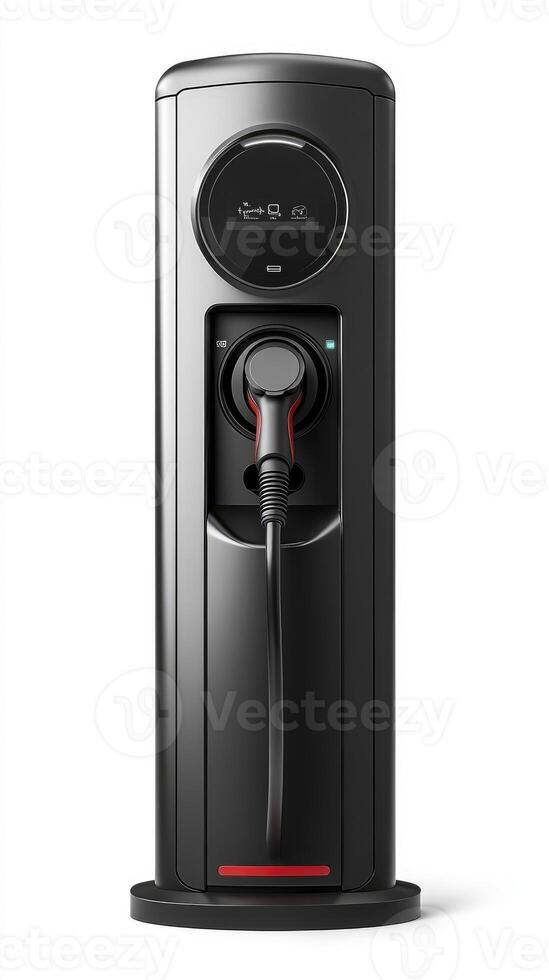 Electric vehicle charging station displaying charging information on white background photo