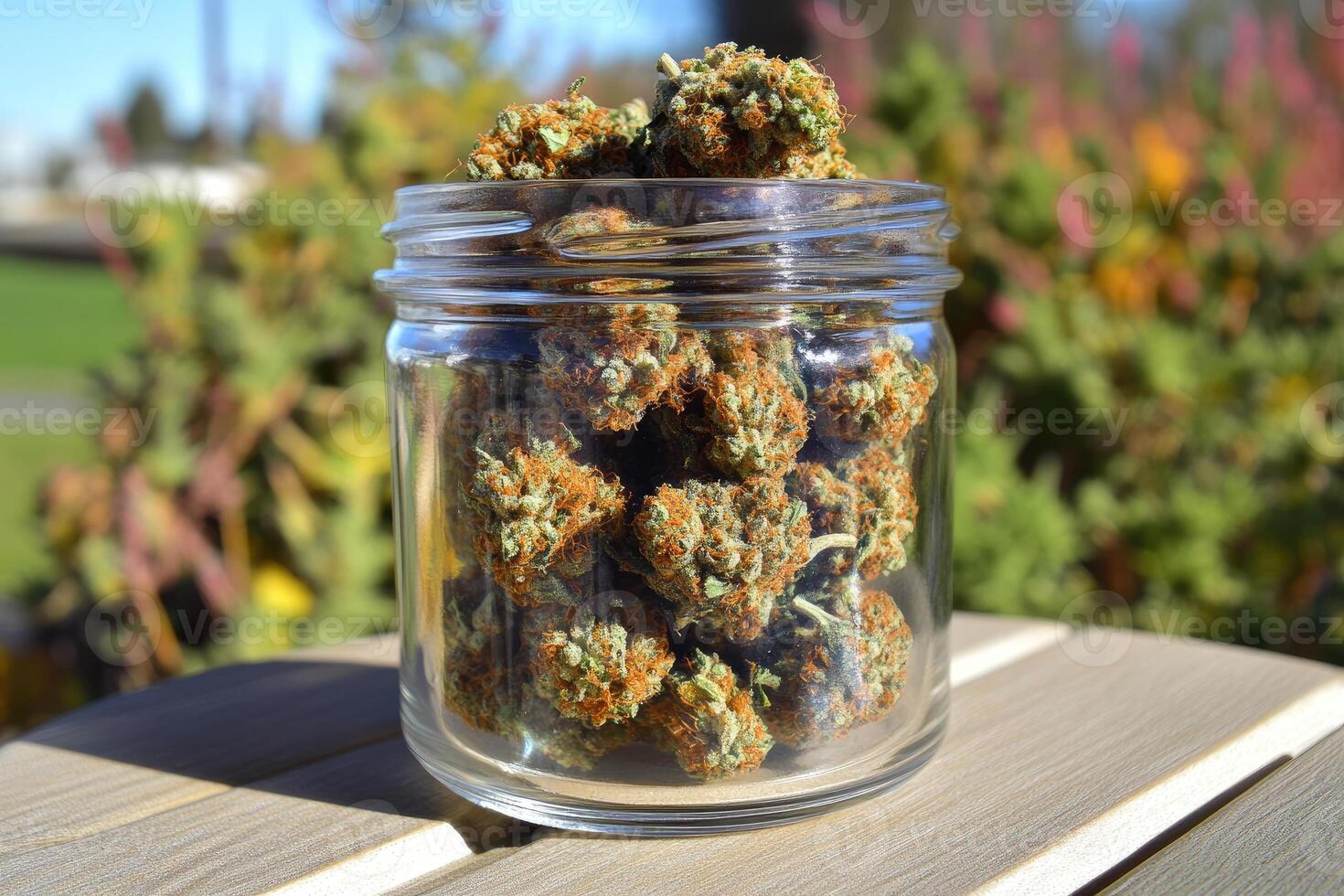Glass jar storing cannabis flower buds on wooden table photo