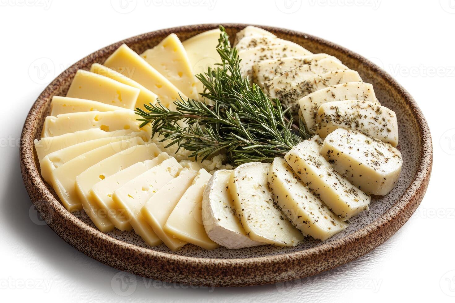 Sliced cheese with rosemary displayed on a rustic plate photo