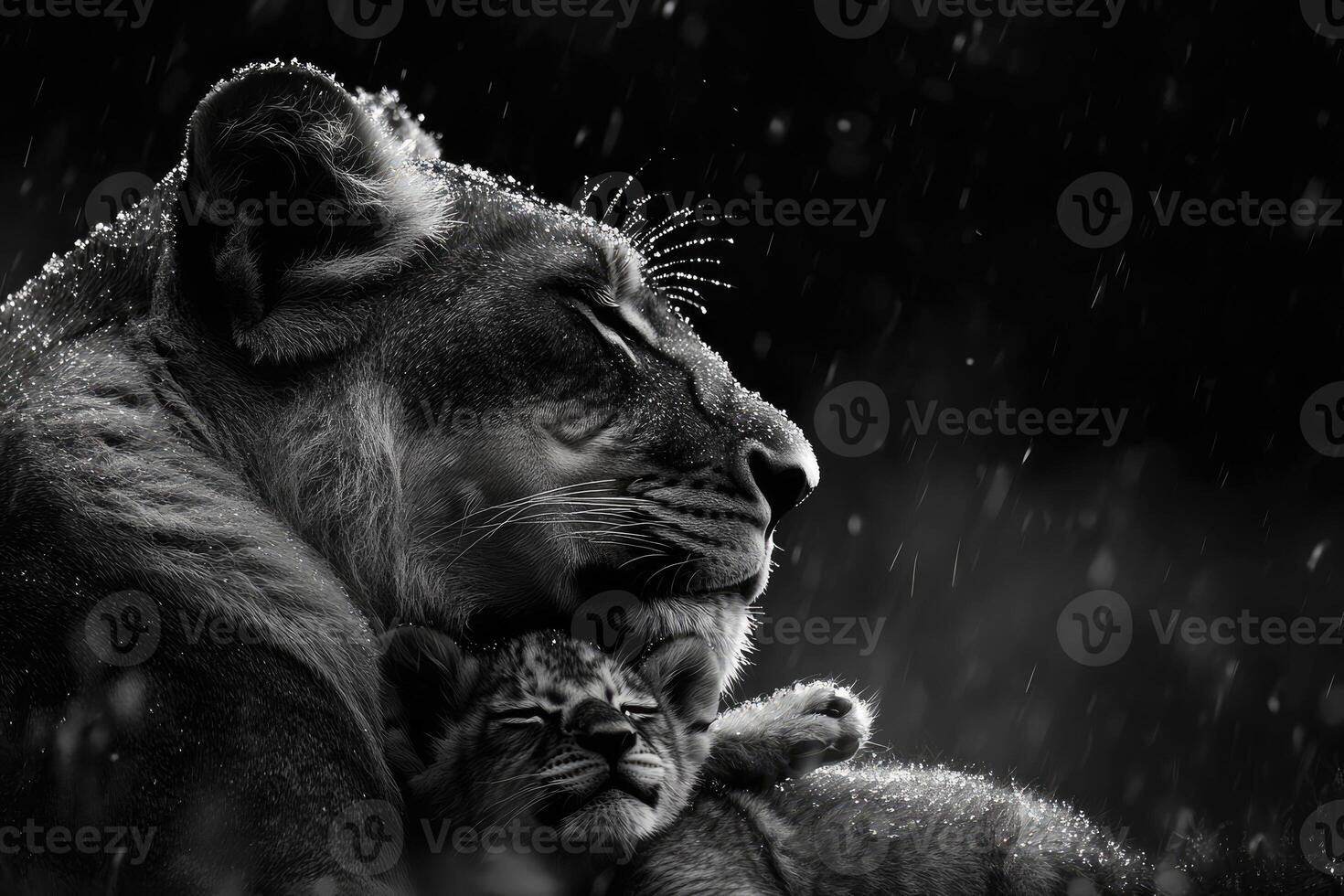 Lioness protecting cub under rain in black and white photo