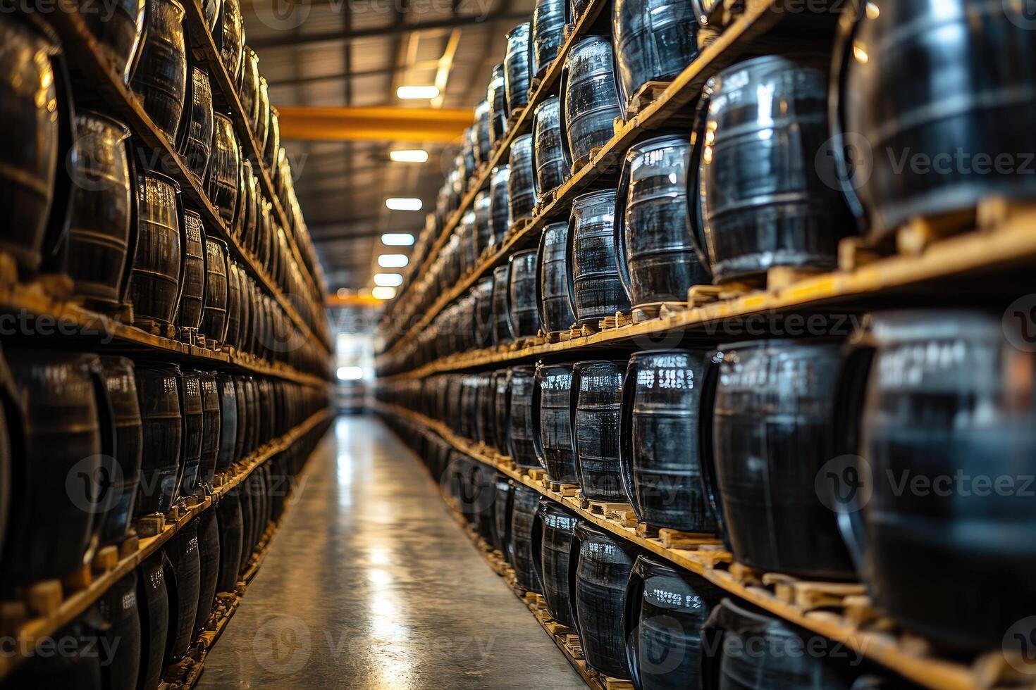Wine barrels stacked on wooden pallets in warehouse cellar aging photo