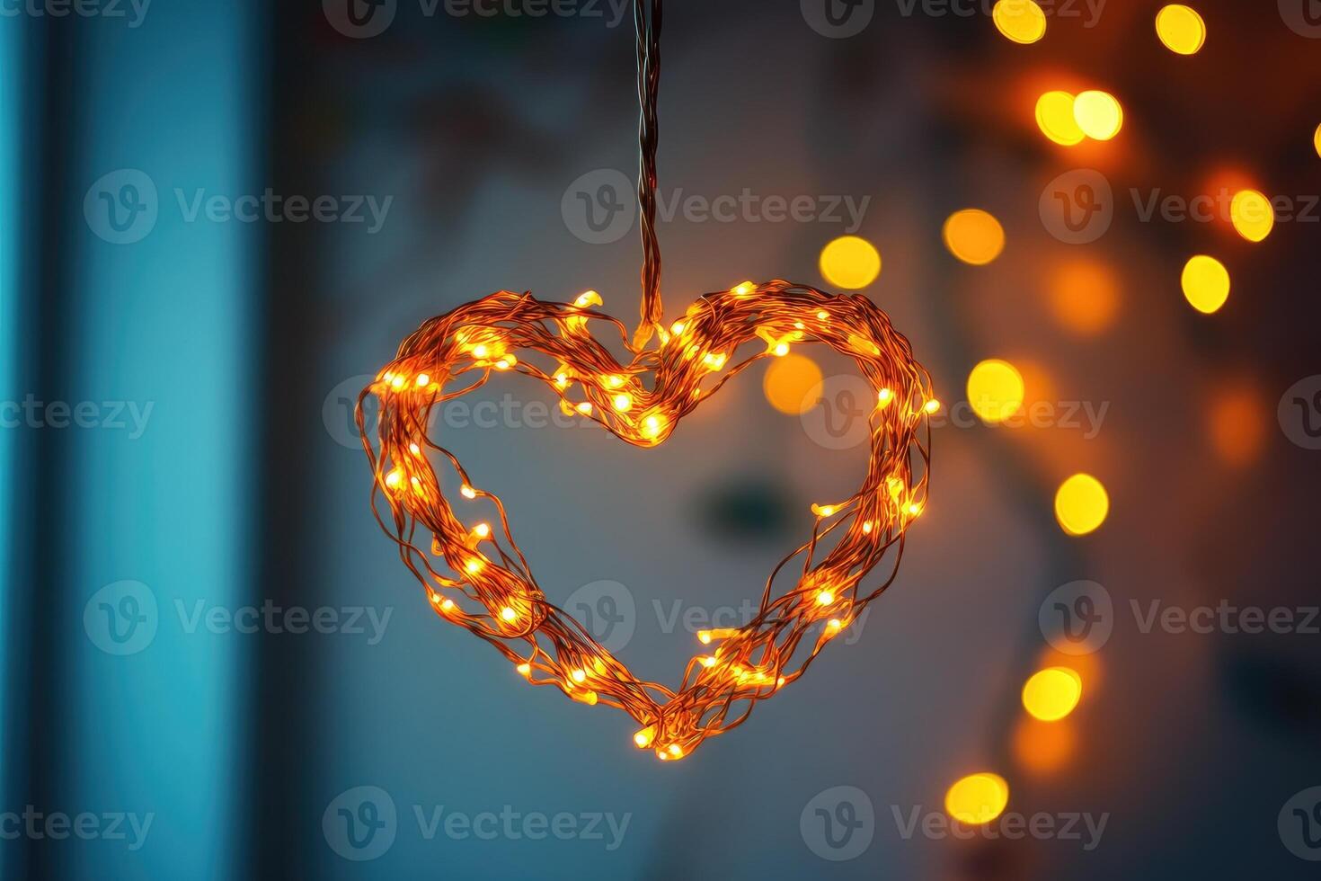 Glowing heart shaped lights hanging with bokeh background representing love and affection photo