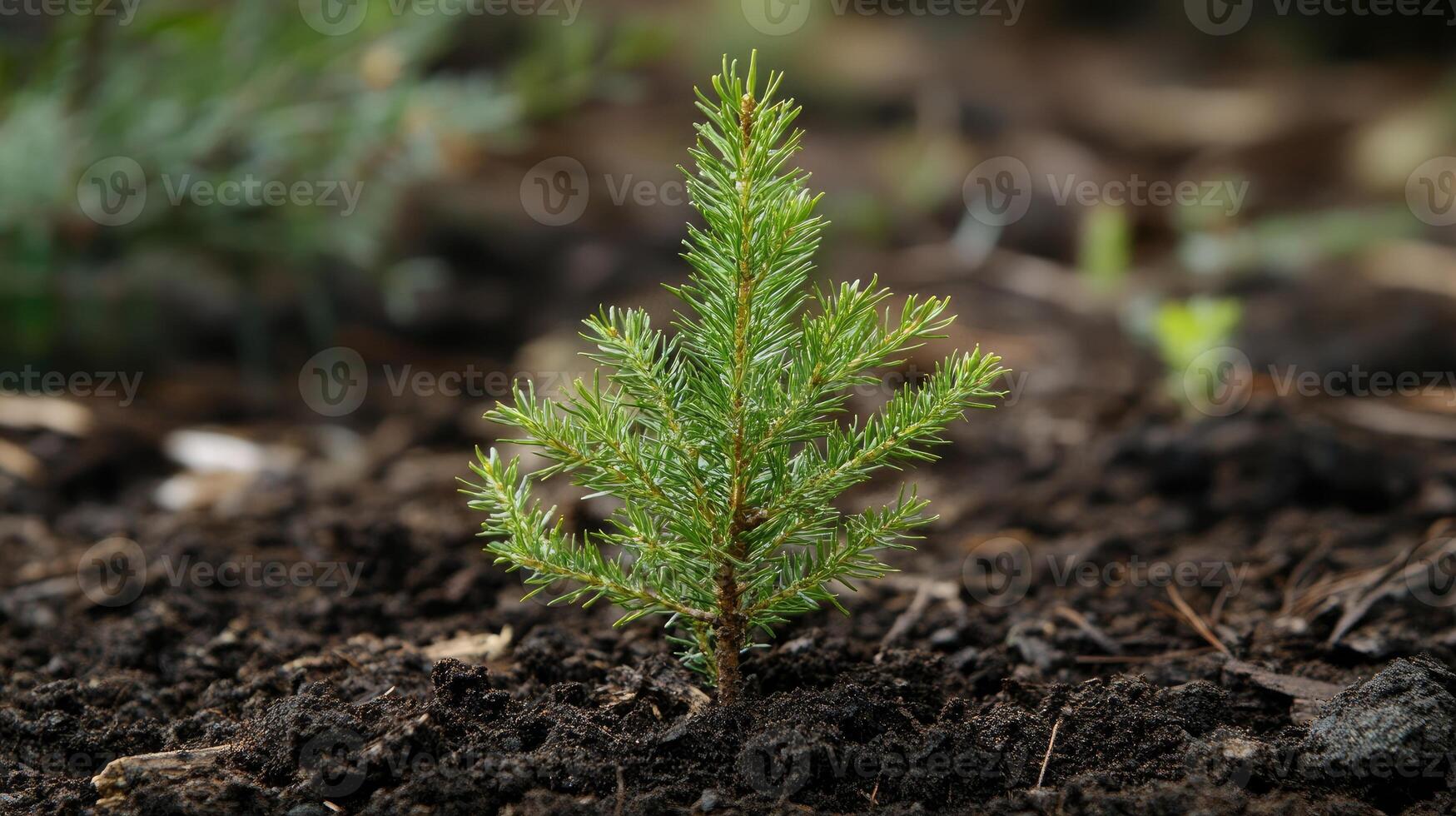 Small spruce tree growing in fertile soil photo