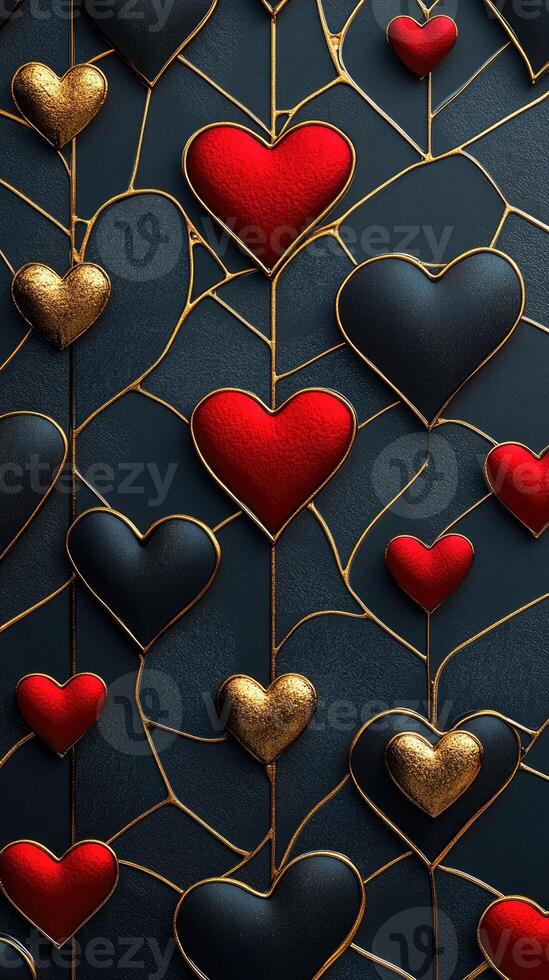 Red and gold hearts hanging on a dark background creating a romantic pattern photo