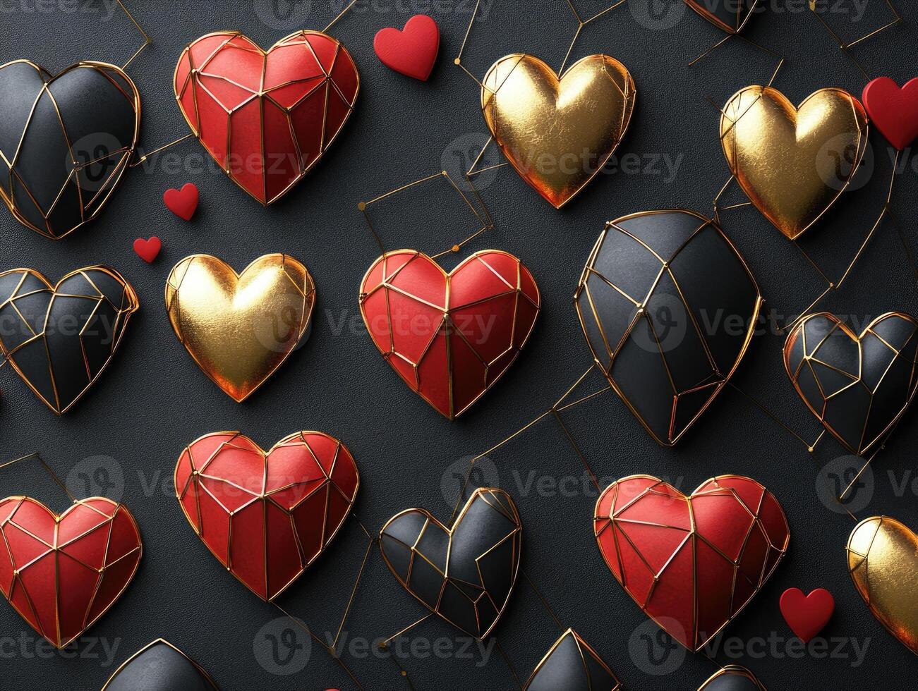 Red and gold hearts creating a romantic pattern on black background. photo