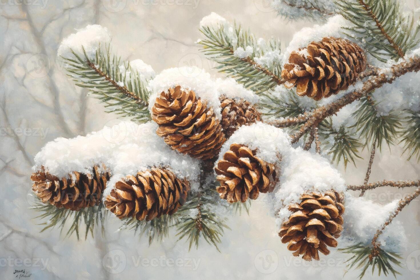Pine cones covered with snow resting on branch in winter landscape photo