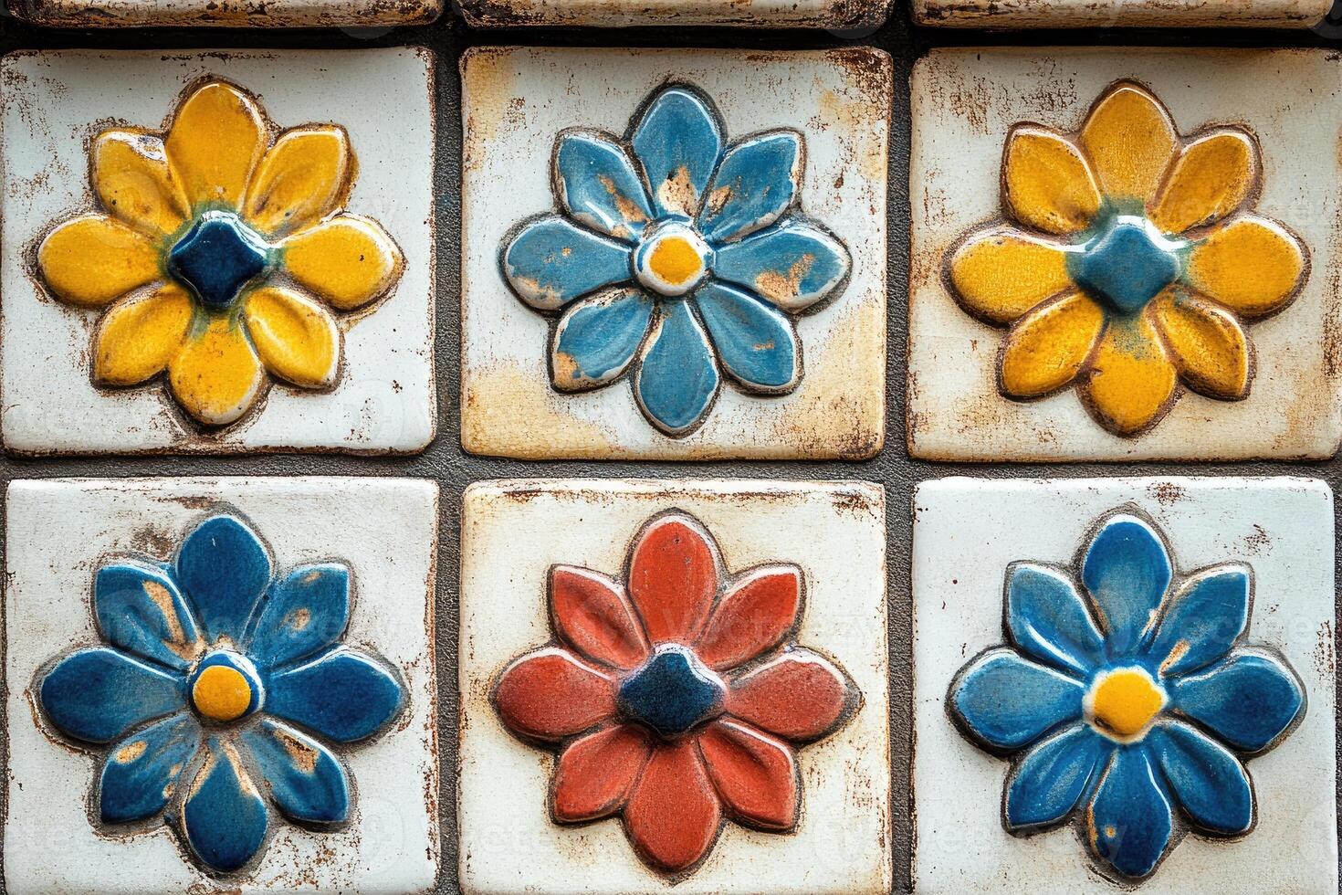 Colorful ceramic tiles showing handcrafted floral decoration creating a vibrant pattern. photo