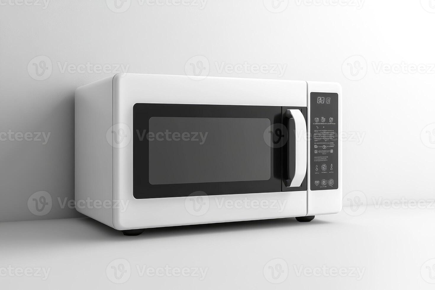 White microwave oven standing on kitchen counter in minimalist style photo