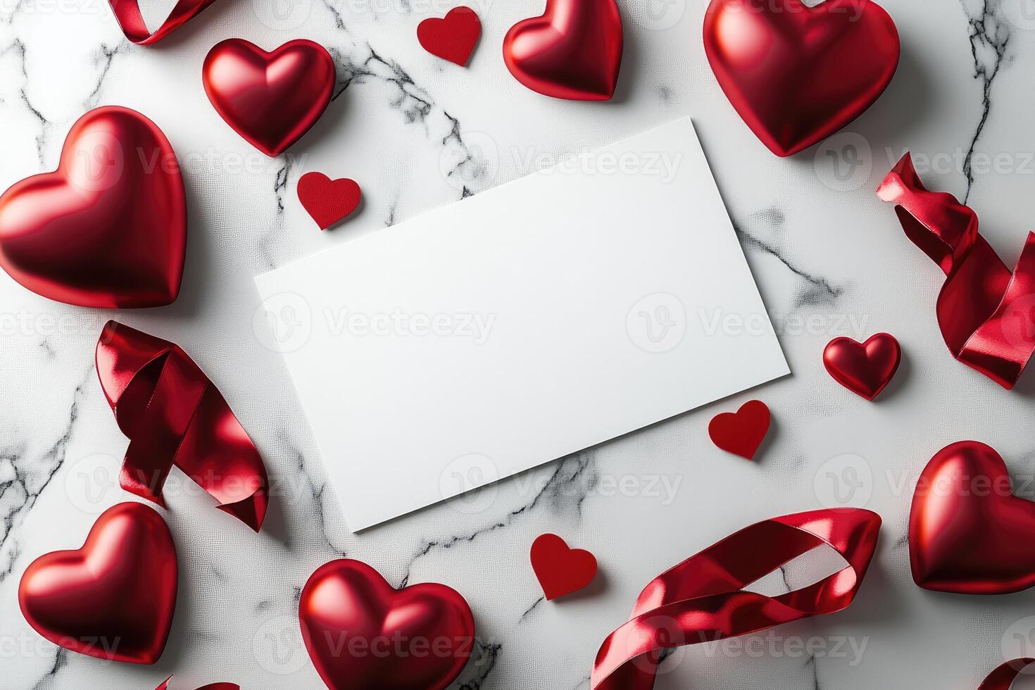 Red hearts and ribbons framing blank card on marble background for valentine's day photo