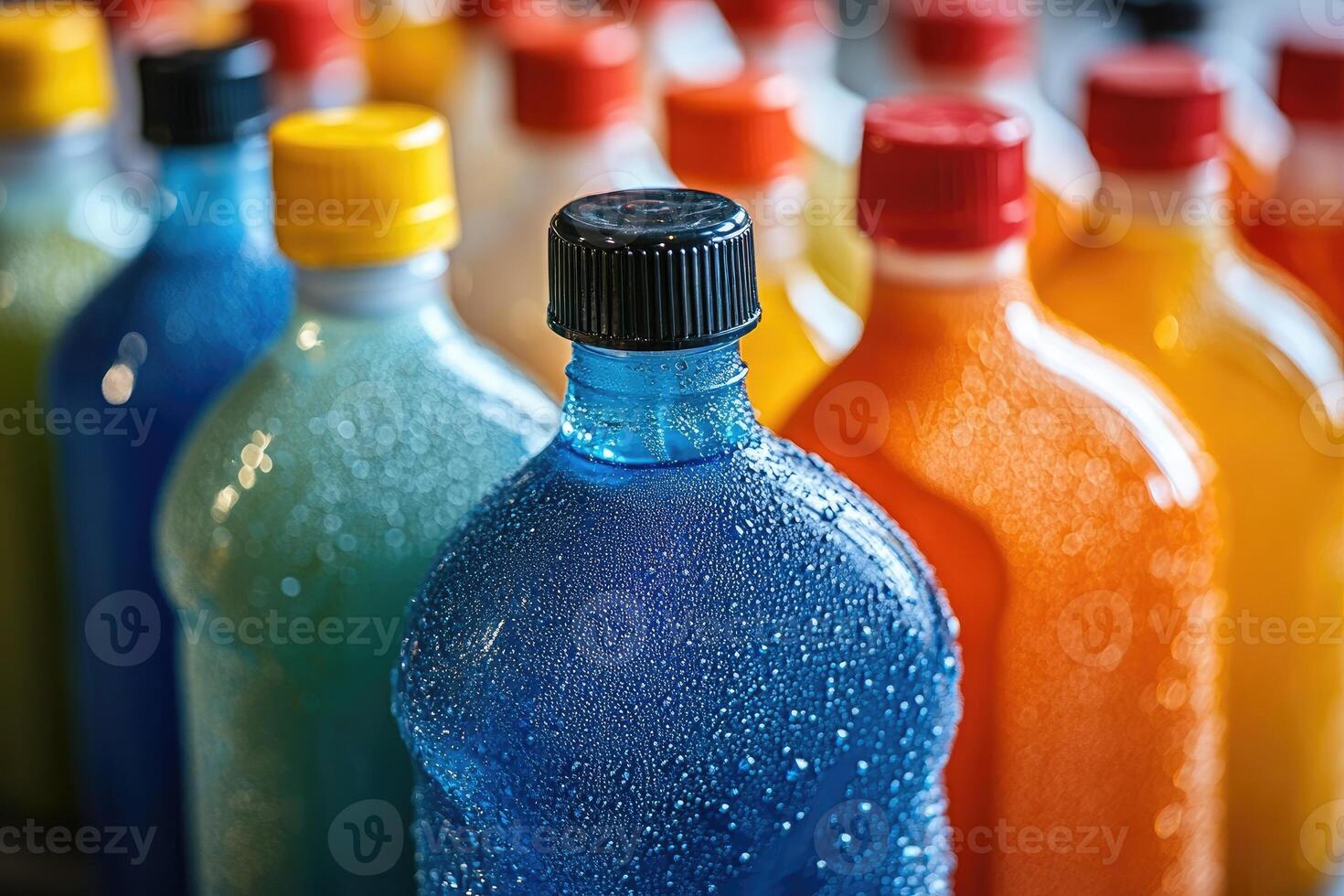 Refreshing cold colorful drinks in plastic bottles covered with condensation photo
